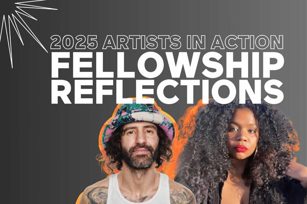 2025 Artists in Action poster featuring two artists against a gray background
