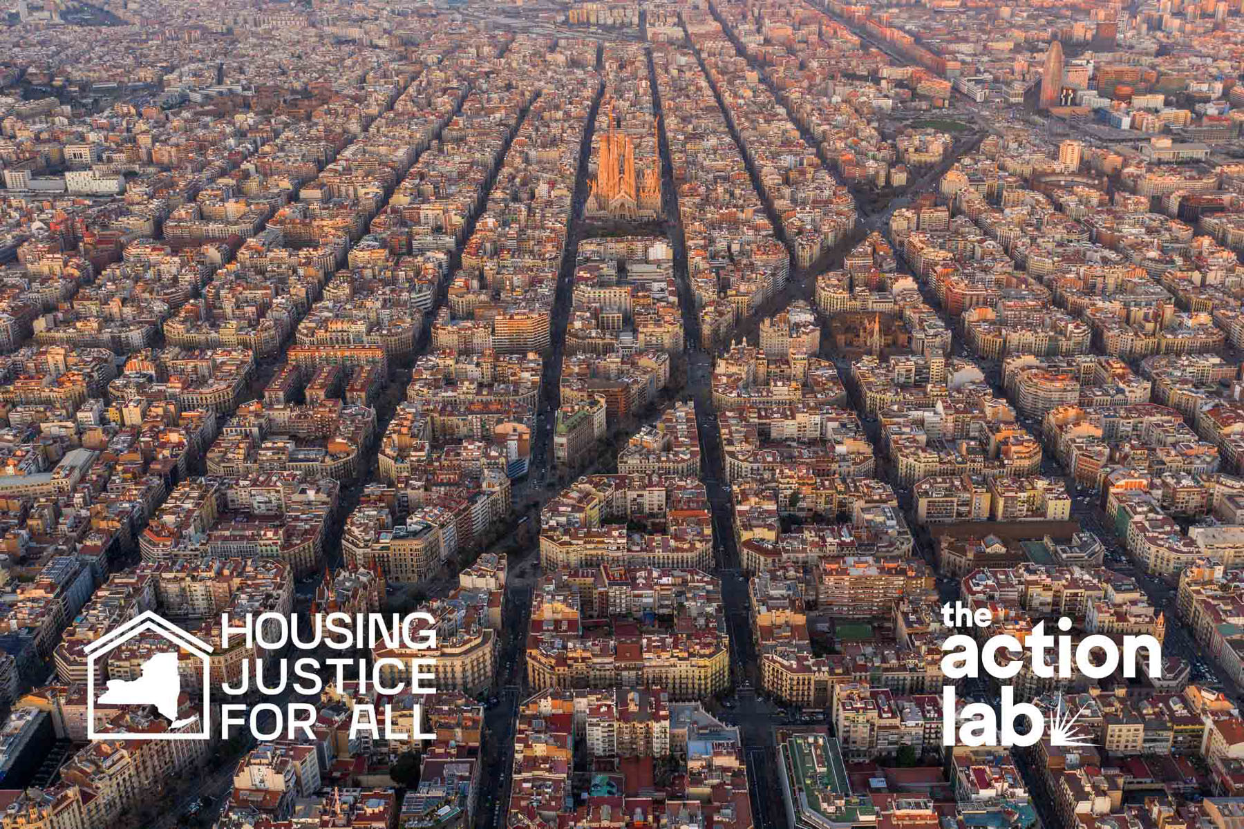Aerial view of a dense city grid with logos for Housing Justice for All and The Action Lab.