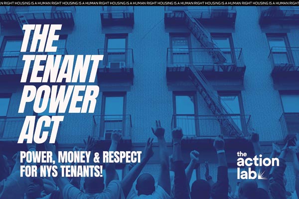 Poster with raised hands in front of an apartment building reading “The Tenant Power Act.”