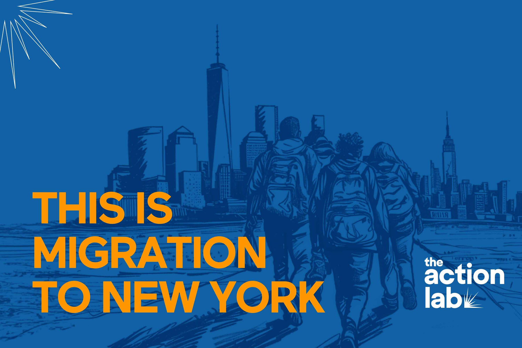 Illustration shows people walking toward the New York City skyline with text “This Is Migration to New York.”