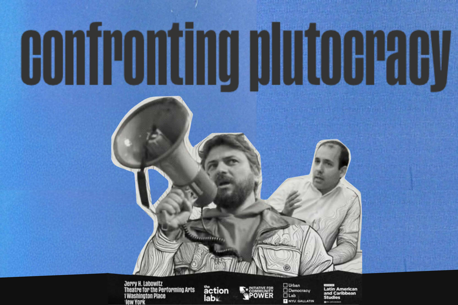 Poster-style graphic with bold text and cutout figures, including one holding a megaphone, against a blue background