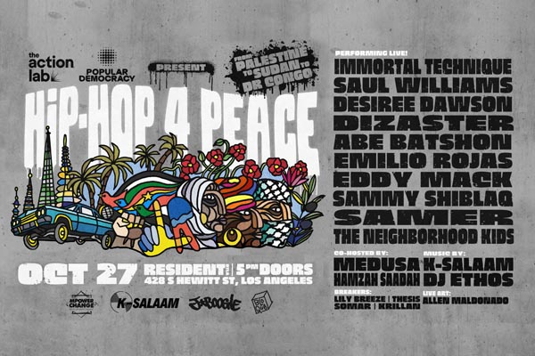 Hip-Hop 4 Peace event poster with bold text and colorful illustrated figures on a gray background