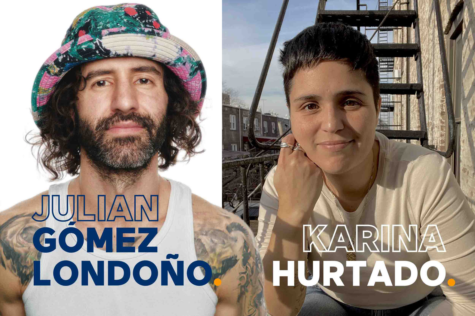 Split portrait of two individuals outdoors with bold text overlaid on each side