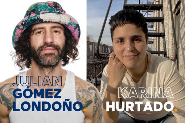 Split portrait of two individuals outdoors with bold text overlaid on each side