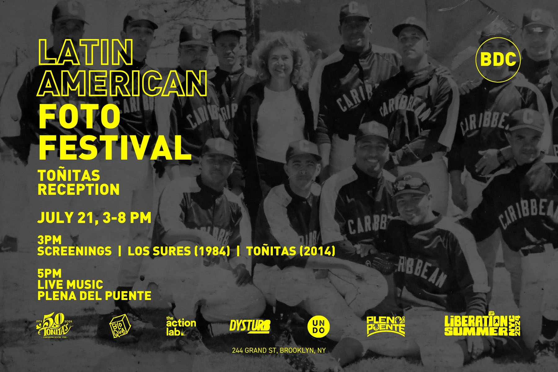 Latin American Foto Festival poster featuring a vintage baseball team photo with yellow event text