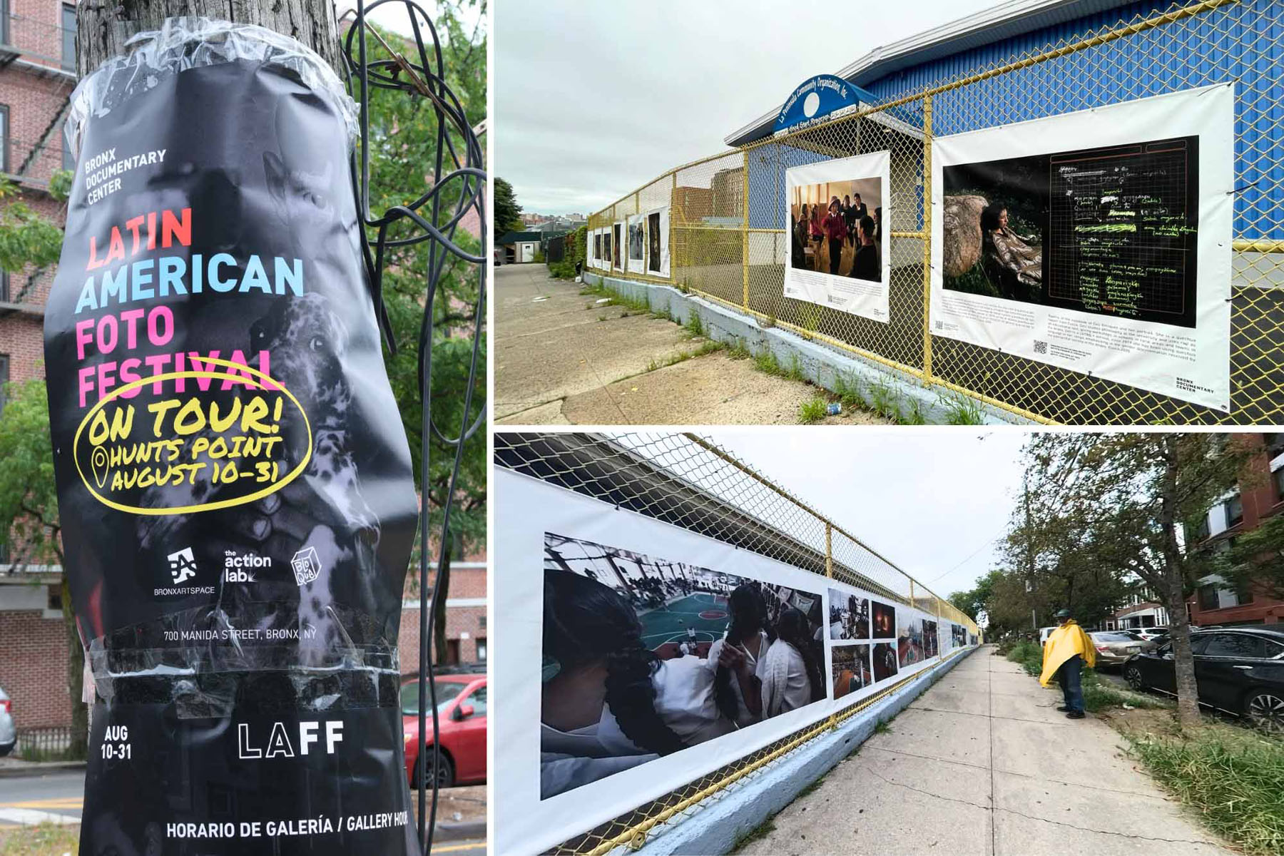 Collage promoting the Latin American Foto Festival with outdoor photo exhibits on fences.