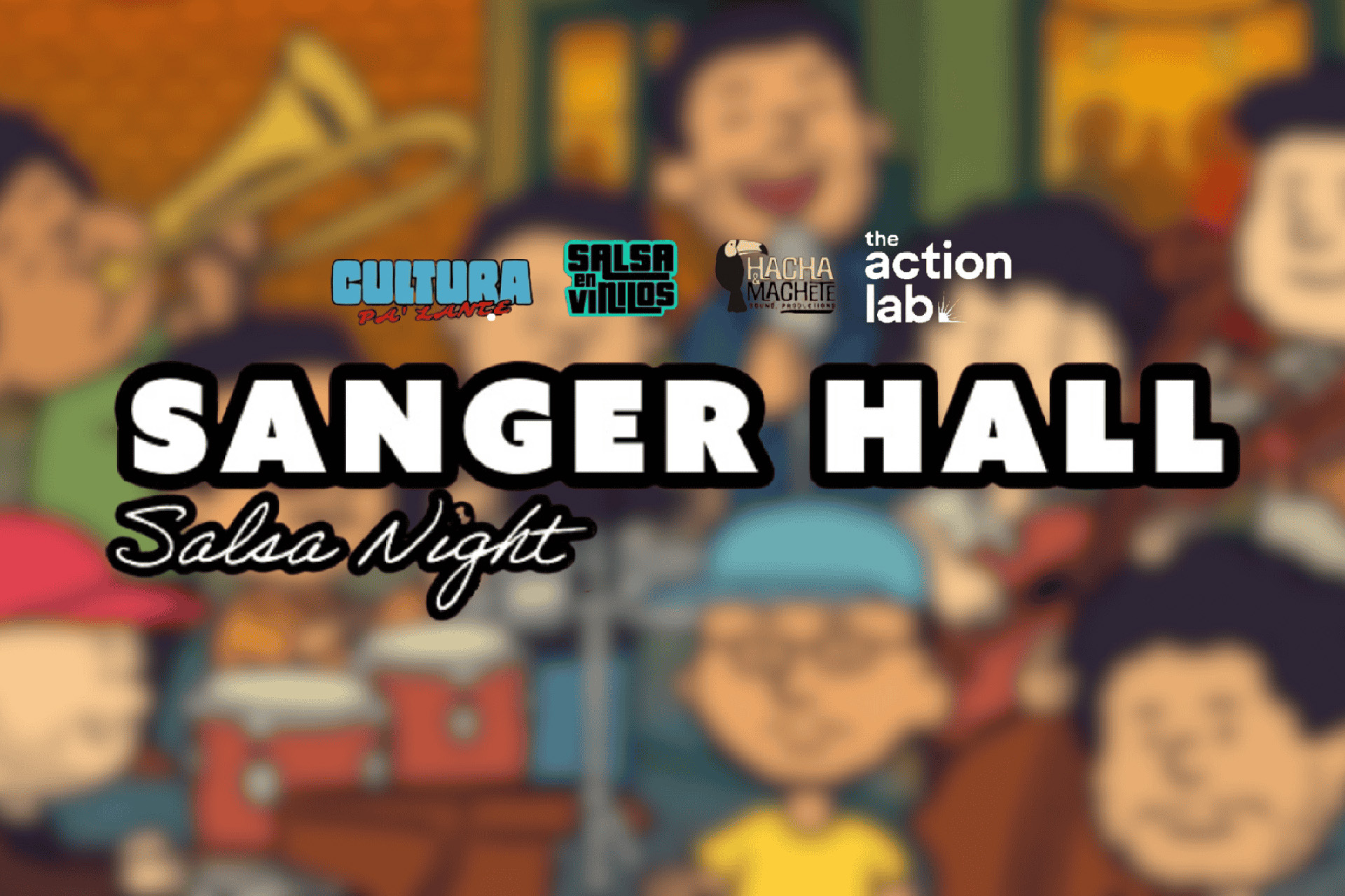 Illustrated salsa-themed poster advertising Sanger Hall Salsa Night