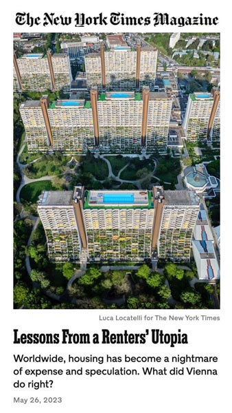 New York Times Magazine cover shows a large Vienna housing complex surrounded by greenery.