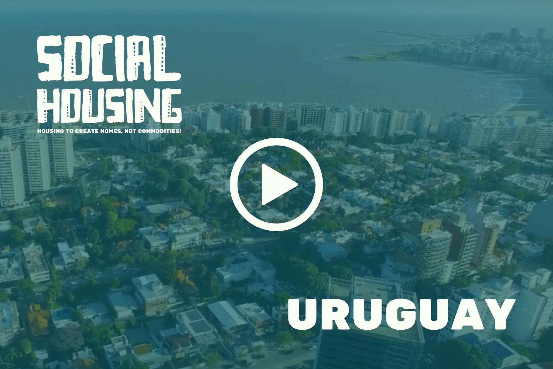 Coastal aerial view of Uruguayan housing with a “Social Housing” video overlay