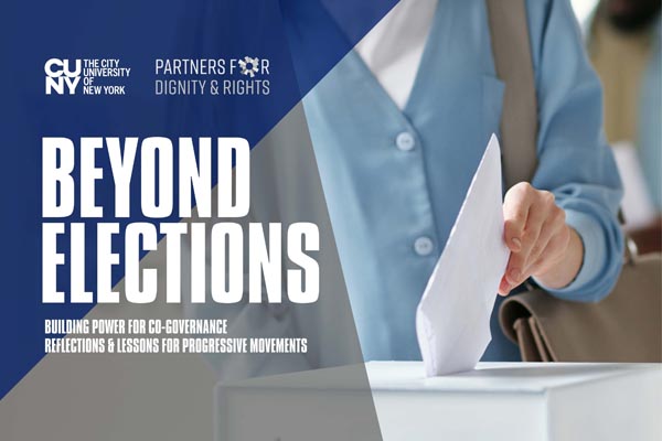 A person placing a ballot into a box with the text 'Beyond Elections' and event details