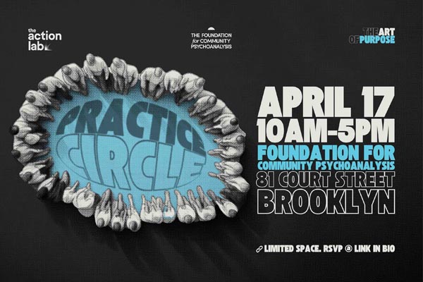 Aerial view of illustrated people standing in a circle around the event title 'Practice Circle'