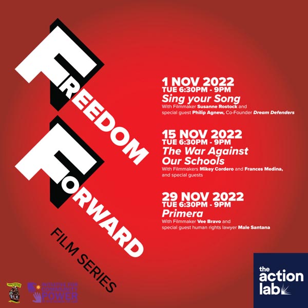 Flyer for the “Freedom Forward” film series listing three November 2022 screenings and featured filmmakers.