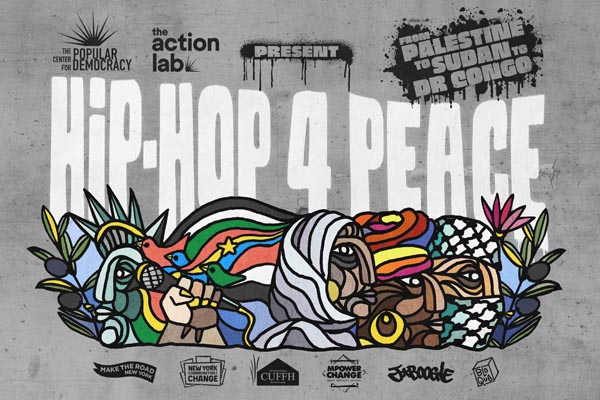 Illustrated flyer for “Hip-Hop 4 Peace” featuring colorful artwork of musicians and global solidarity themes.