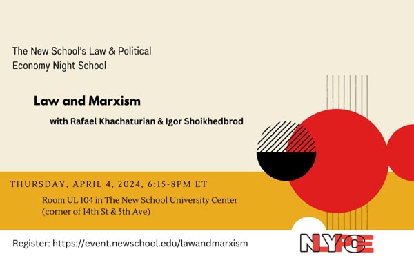 Flyer for a Night School session on “Law and Marxism,” with text and abstract shapes.