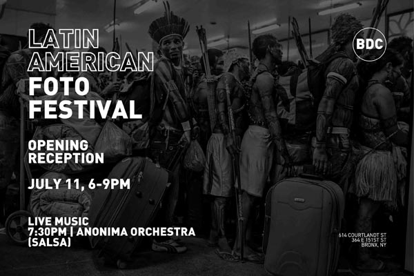 Flyer with a photo of Indigenous dancers preparing backstage promoting the Latin American Foto Festival opening reception on July 11.