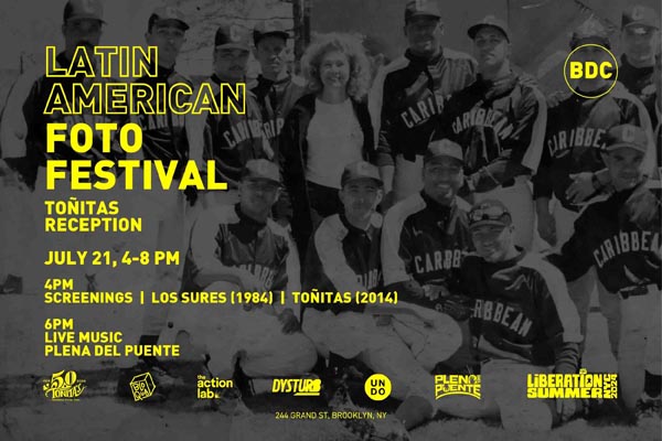 Flyer featuring a baseball team photo promoting the Latin American Foto Festival Toñitas reception on July 21.
