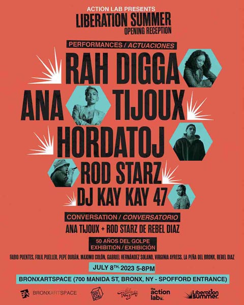 Flyer for the Liberation Summer opening reception with small portraits of fiver performers.