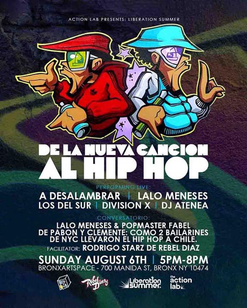 Illustrated hip-hop event flyer with two cartoon dancers, advertising “De La Nueva Canción al Hip Hop” with multiple performers on August 6 in the Bronx.