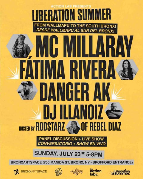 Flyer for a Liberation Summer panel and live show with small portraits of the performers.