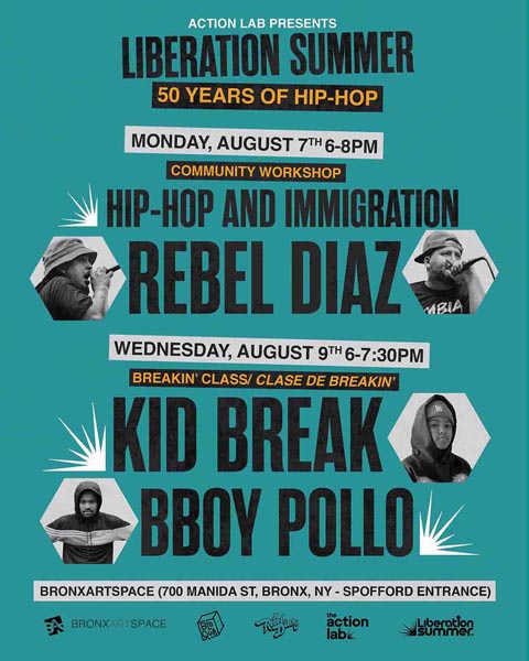Flyer promoting Liberation Summer workshops on hip-hop and immigration featuring artist portraits.