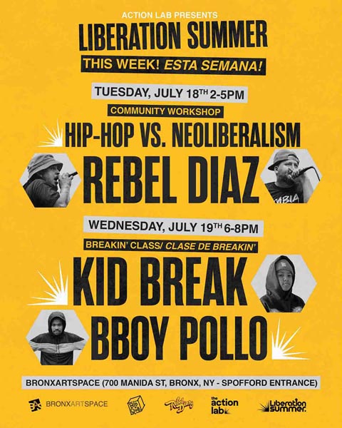 Flyer for a community workshop with photos and names of hip-hop performers