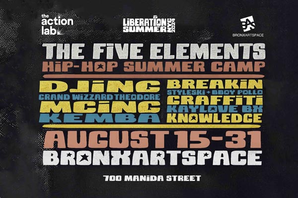 Hip-hop summer camp flyer with text listing the five elements—DJing, MCing, Breakin, Graffiti, Knowledge.
