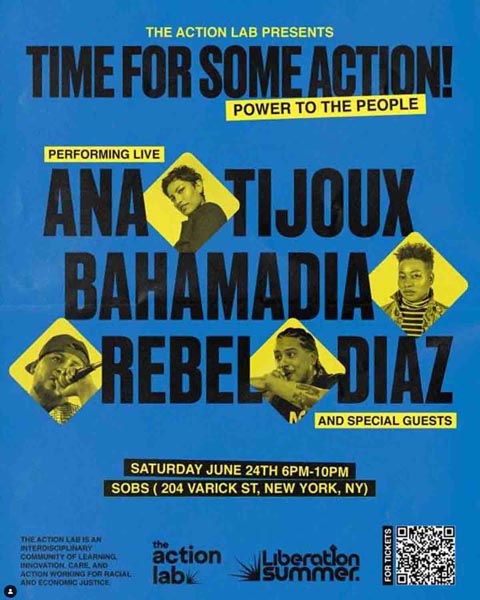 Flyer for a “Time for Some Action!” concert with small performer portraits.