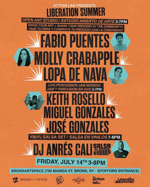 Flyer with artist portraits promoting Liberation Summer’s open art studio and performances on July 14 at BronxArtSpace.