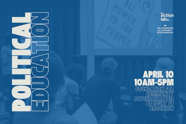 Flyer for a Political Education event with a monochrome photo of people in a room with a sign reading “All Power to the People.”