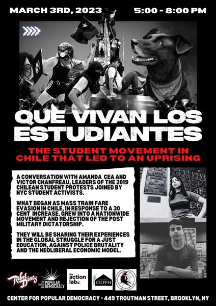Flyer for an event on the Chilean student movement, featuring black-and-white protest photos and portraits of speakers.