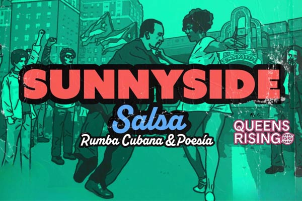 Flyer with an illustration of people dancing in a city street.