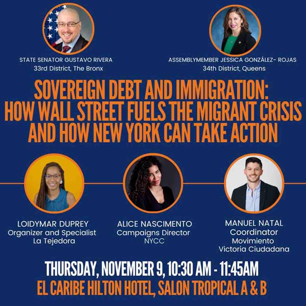 Flyer for a panel on sovereign debt and immigration with headshots of the speakers.