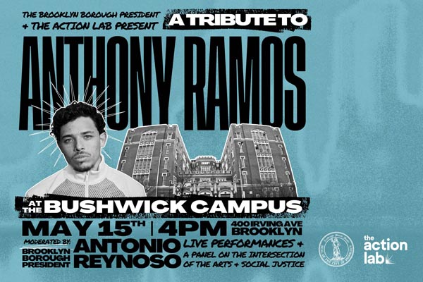 Event poster with a photo of the actor Anthony Ramos and an image of a building.