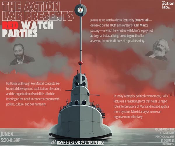 Flyer for a “Red Watch Parties” lecture screening, featuring an illustration of a submarine with a periscope and small portraits of speakers.