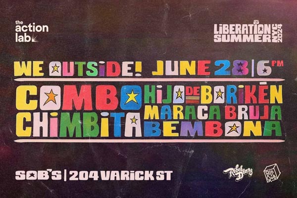 Colorful illustrated block lettering announcing multiple musical performers.