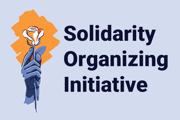 Logo for the Solidarity Organizing Initiative with an illustrated hand holding an orange rose.