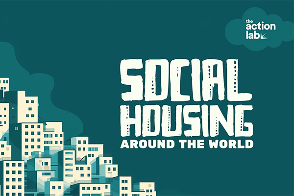 Stylized cityscape of stacked apartment buildings with text reading “Social Housing Around the World.”