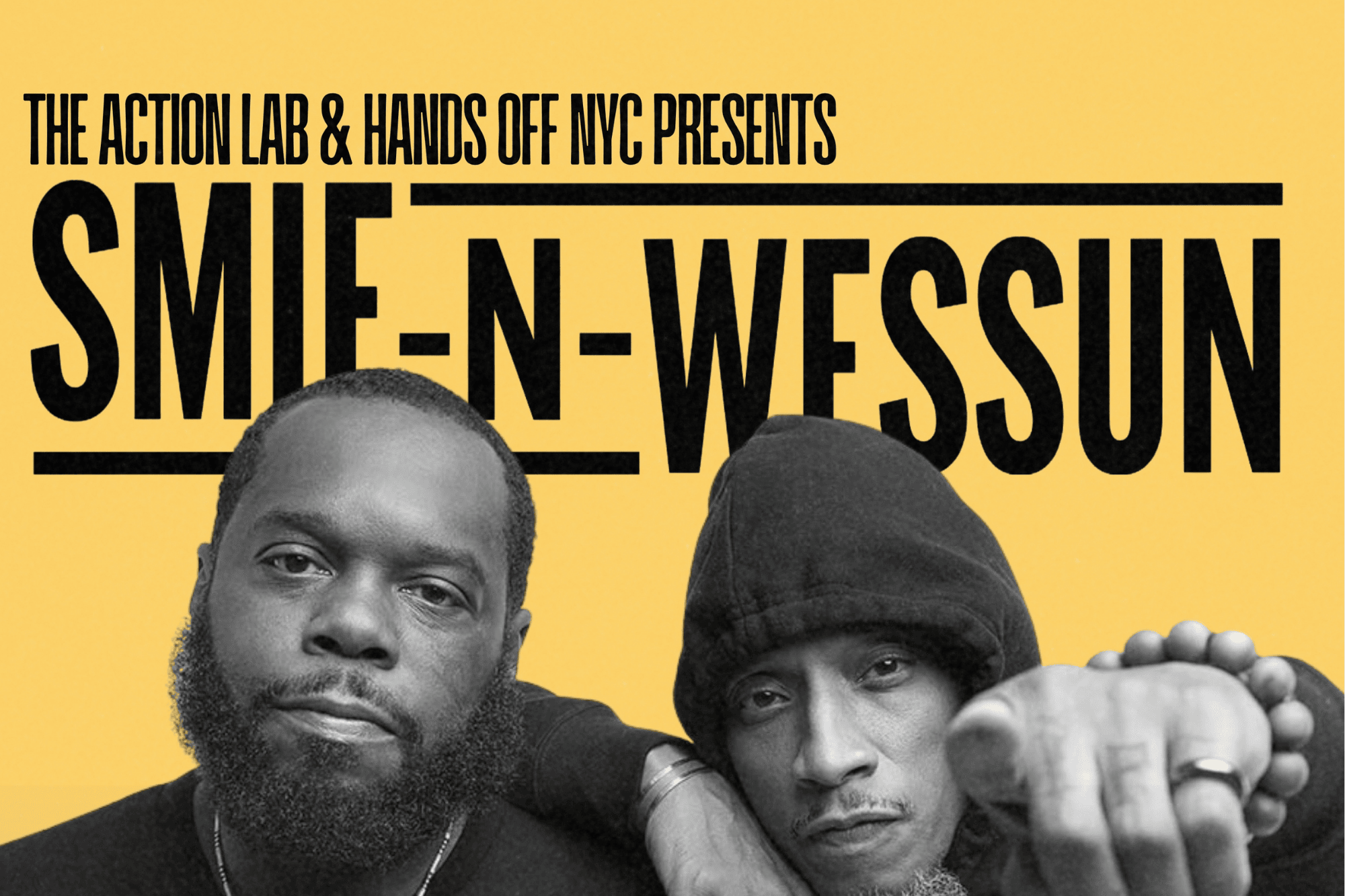 The members of Smif N Wessun arm in arm with one pointing at the viewer on a yellow background.