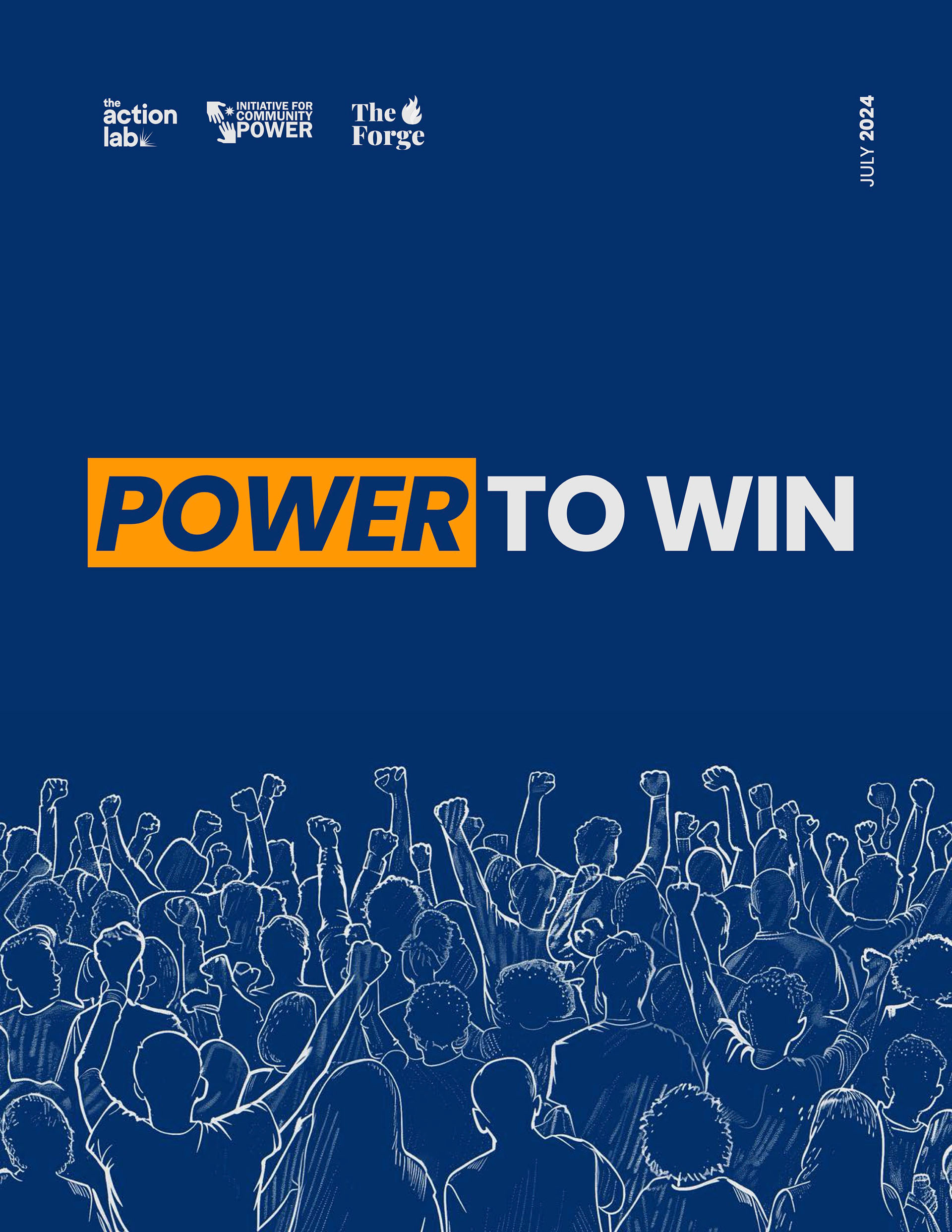 Blue cover with outlined crowd raising fists beneath the title “Power to Win”