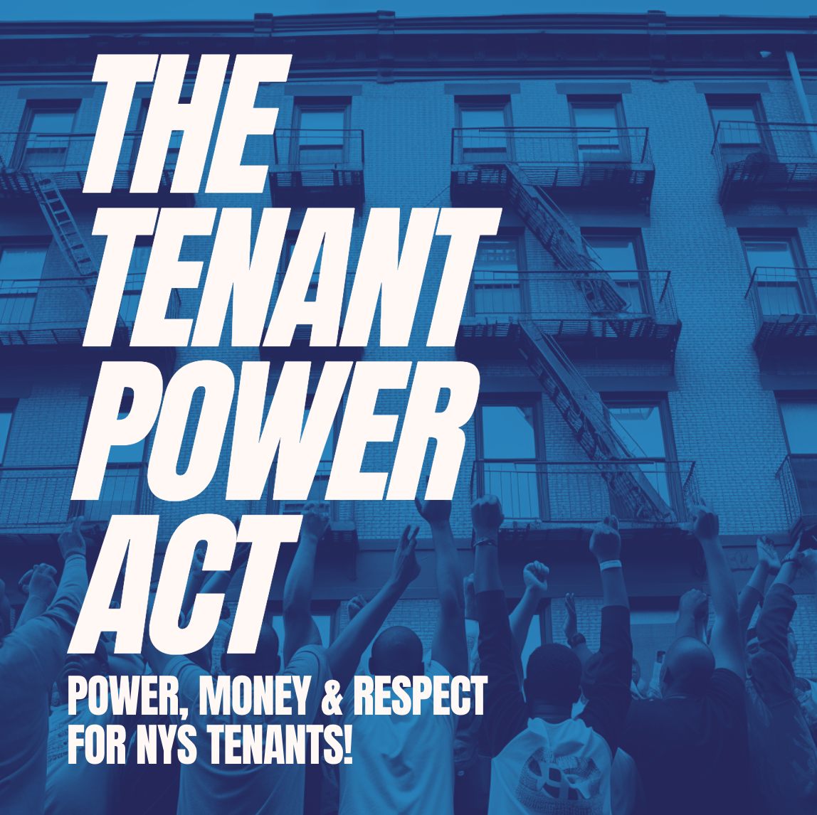 Blue-toned poster showing raised fists in front of an apartment building for the Tenant Power Act