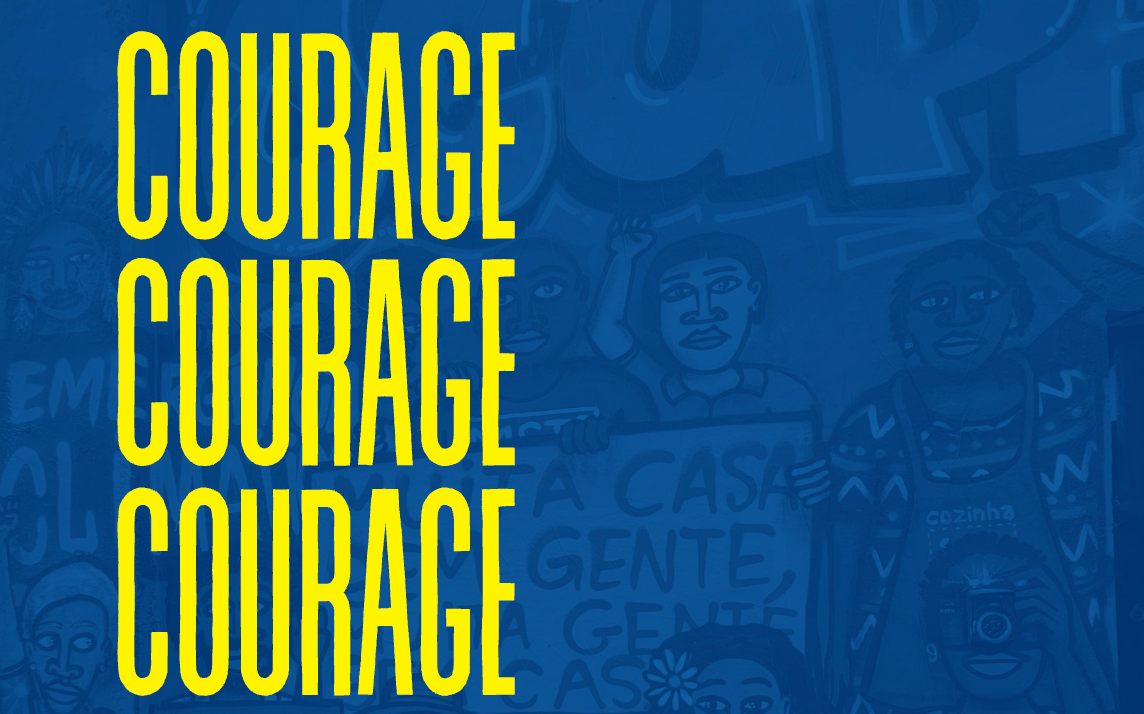 Blue-toned cover titled “Courage” featuring illustrated figures from social movements in Brazil