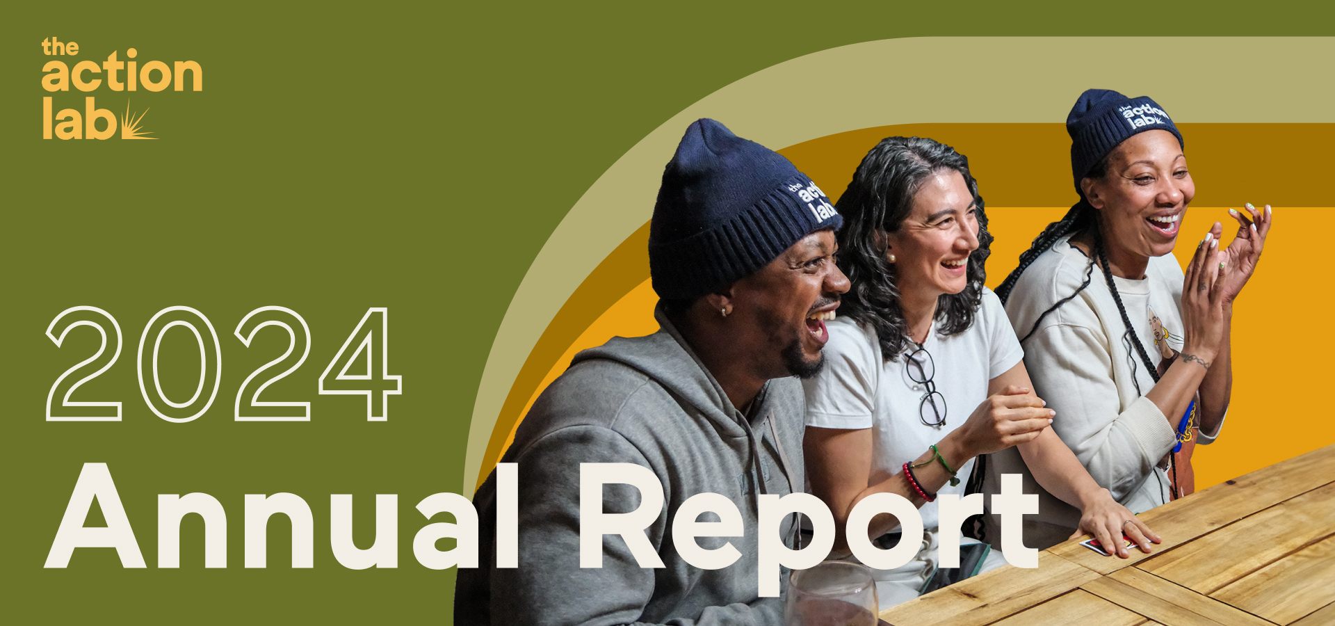 2024 Annual Report cover featuring three people laughing at a wooden table