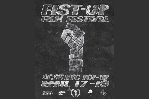 Black and White Image of a Fist Held High with Event Titling and Timing