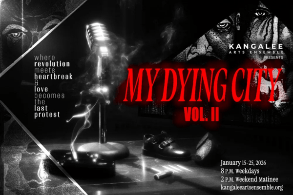 Black background with an unmanned mic, a bullet, and a single buckle shoe, with images of partially covered animated faces in the background.