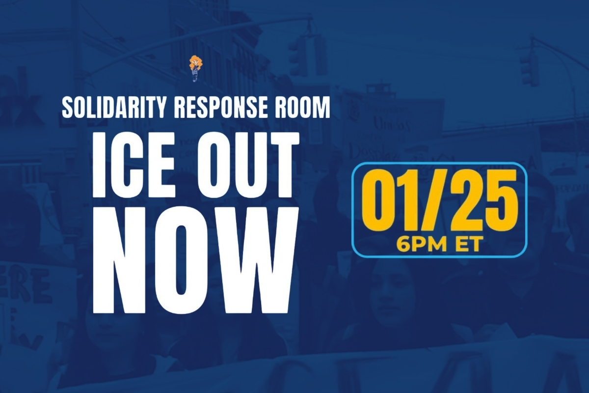 Event title Solidarity Response Room: ICE Out Now on a blue background featuring a protest image with marchers carryiing signs.