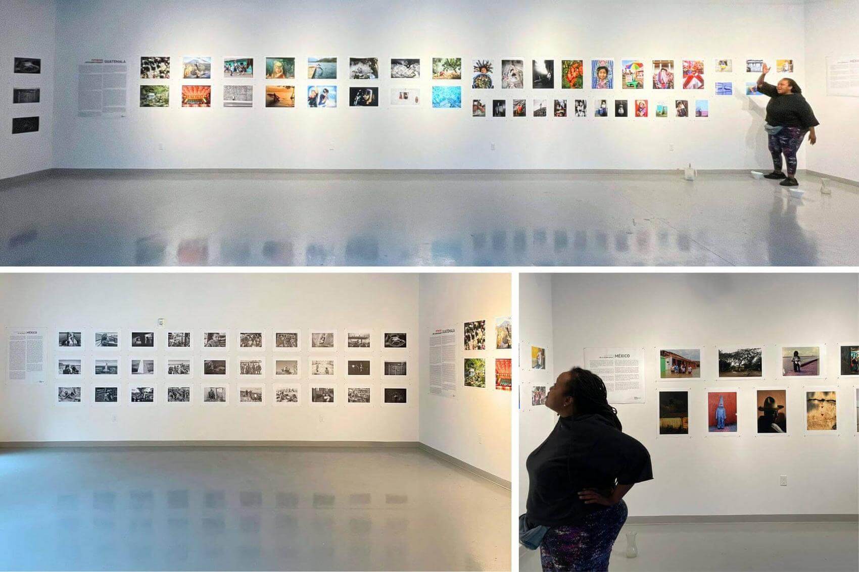 A person walks past a fence with art displays featuring underwater photography and text about Bolivia and Mexico.