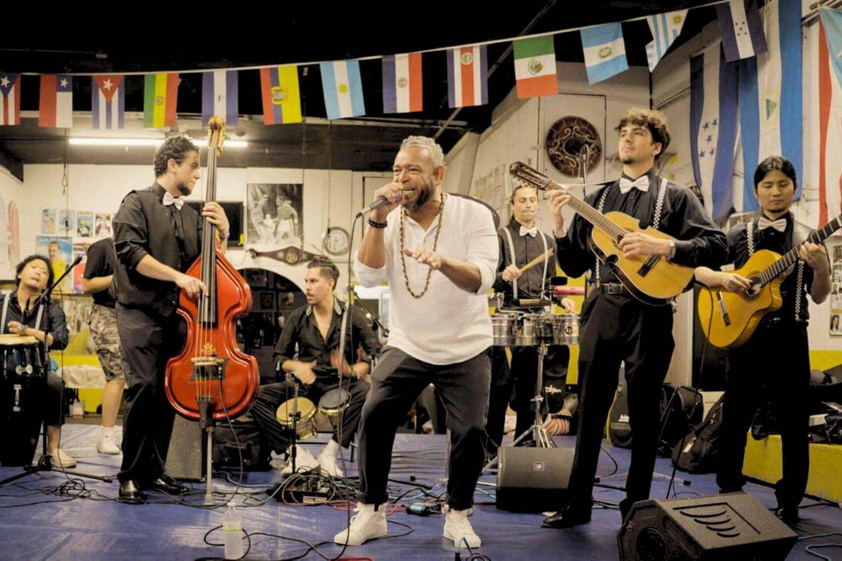 Musicians performing on stage with various instruments, flags hanging above them.