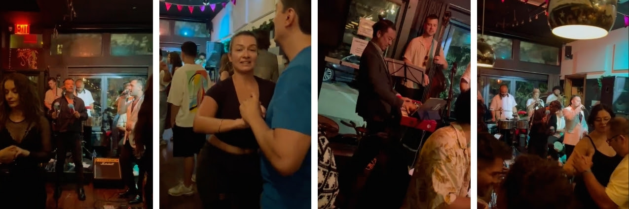 People dancing to a live band performance in a dimly lit venue.