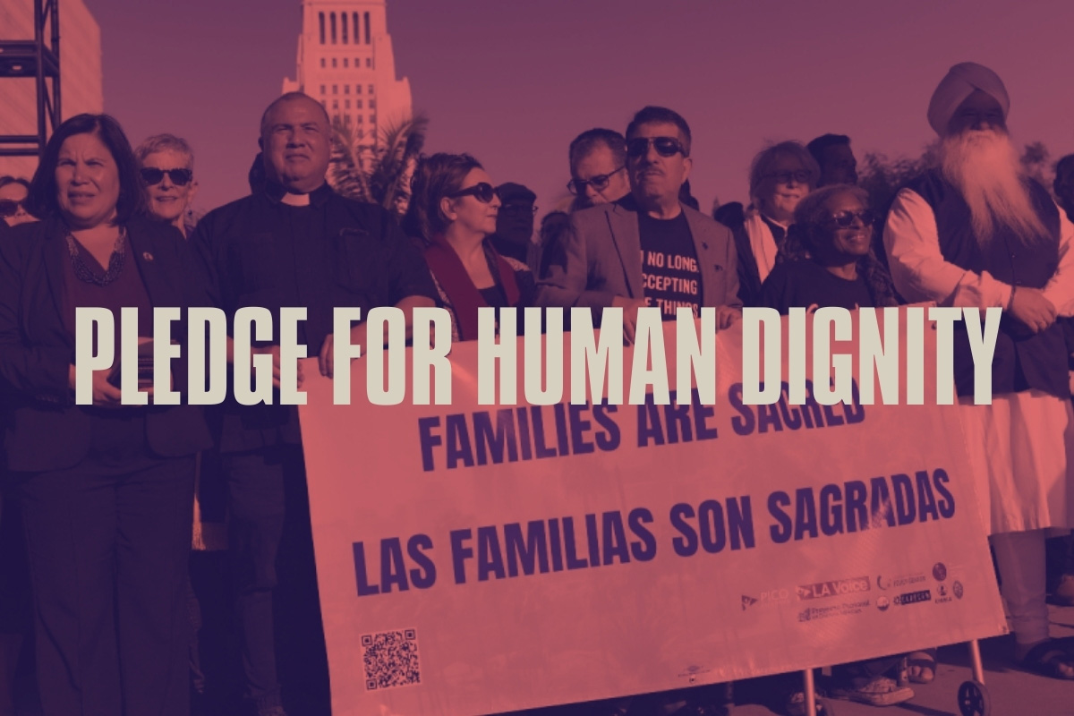 Faith and community leaders standing together in support of human dignity and collective action.