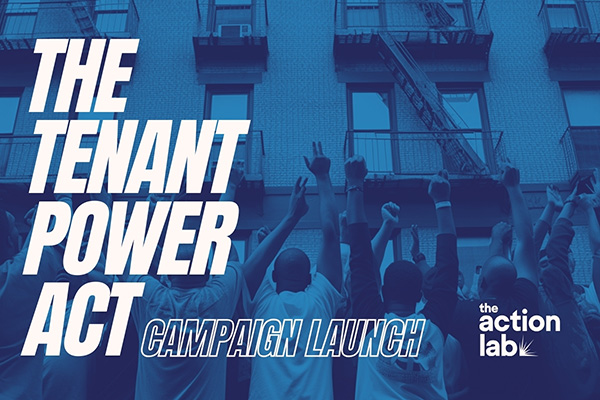 Advocates and tenant organizers gathering to support the Tenant Power Act campaign addressing the housing crisis.